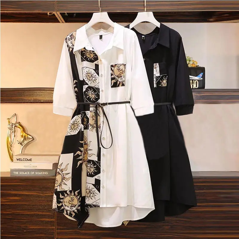 

2022 Spring Summer Print Women Dress Fashion Female With Sashes Long Shirts Summer Shirt Dress Party Midi Dress Plus Size 4XL