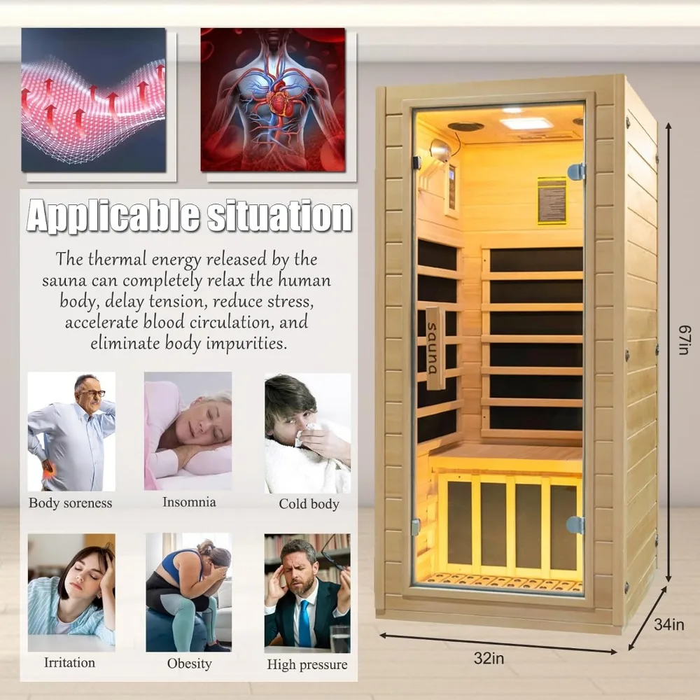 Infrared Home Sauna Room 1 Person Hemlock Wooden Indoor Dry Sauna Low EMF Heaters Panels,LCD Control Panel10 Minutes Pre-Warm up