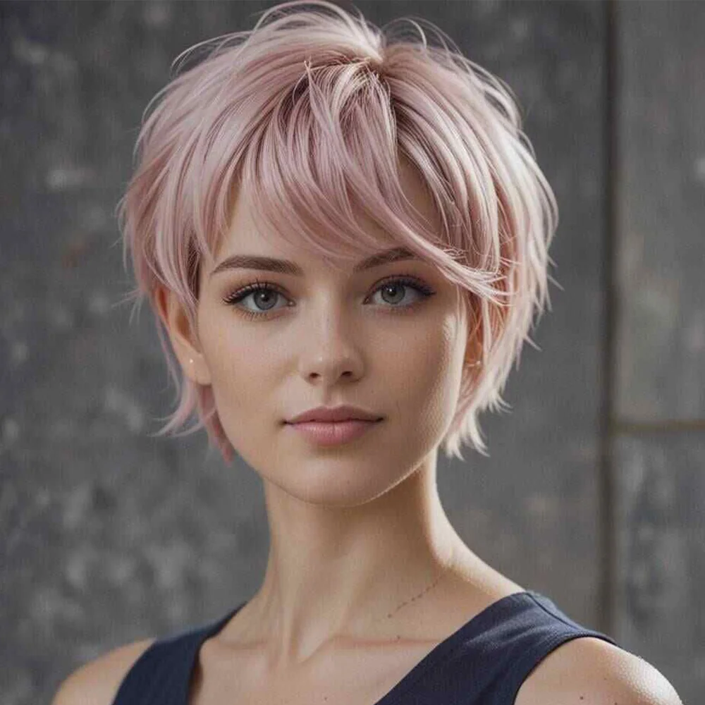 

Мясно-розовый многослойный короткий парик из натуральных волос с стрижкой пикси, полностью машинный парик, бразильский парик Remy с челкой