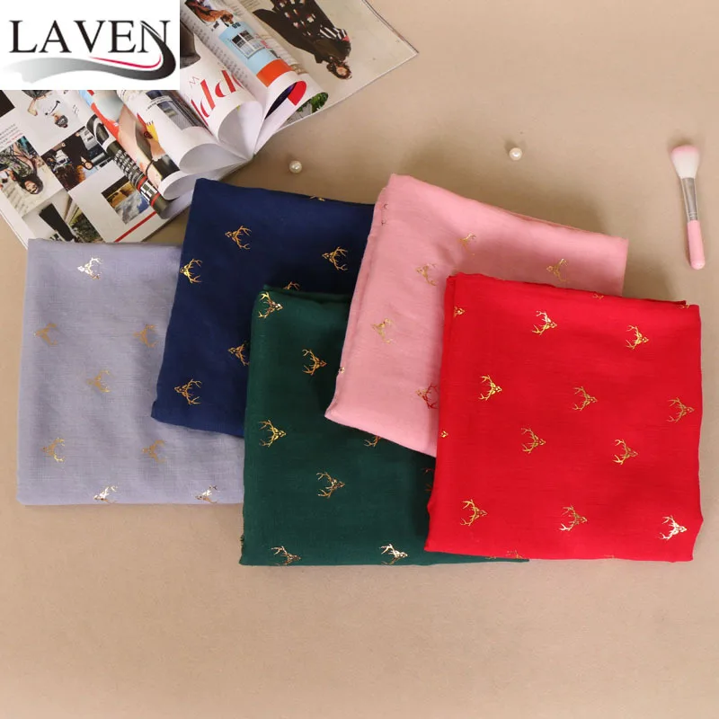 Japanese Korean Sweet Gold Foil Deer Cotton Linen Scarf for Women, Fresh Chiffon Autumn Warm BS486