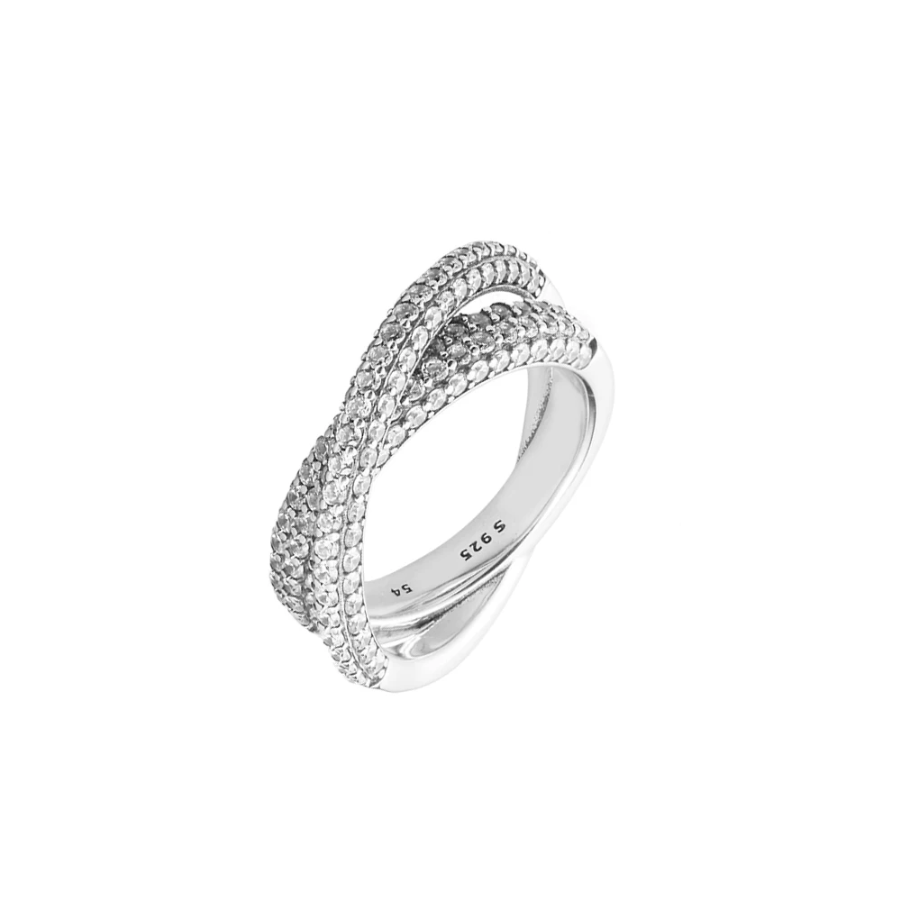 Authentic 925 Sterling silver Jewelry Timeless Pave Crossover Dual Band Ring For Woman European Silver Rings For Jewelry Making