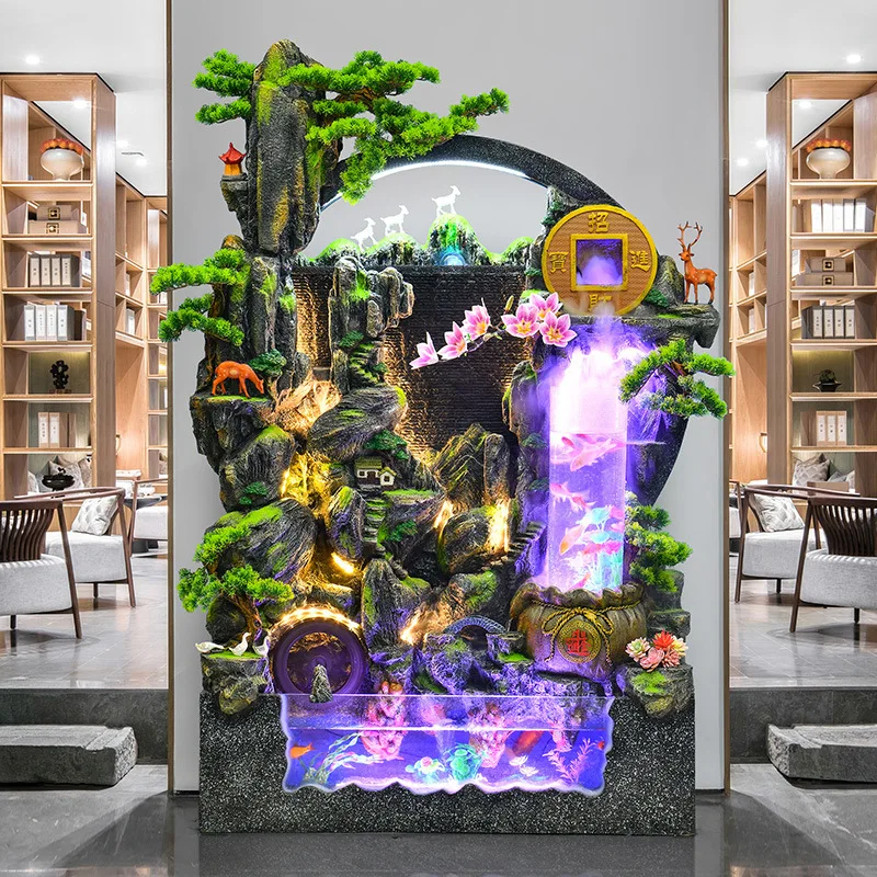 large rockery fountain, fish tank living room to attract wealth landscaping, indoor entrance opening floor ornament