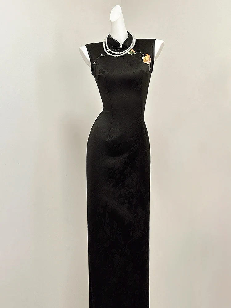 

Bla Young Sle Embroidered Qipao Dr Retro Feel Daily Wear Women's Faionable Mid-Length Suits Casual Ocns