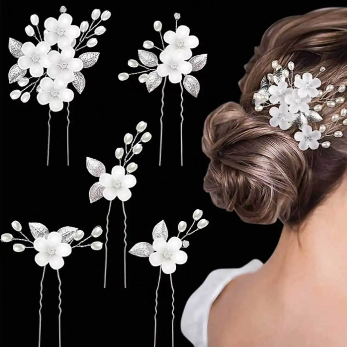 5Pcs Bridal White Flower Hair Pins with Pearls, Elegant Wedding Hair Accessory, Ideal for Bride & Bridesmaid