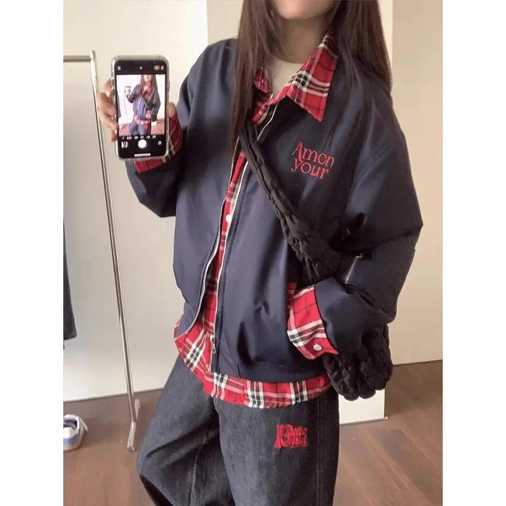 

Мужская весенняя куртка в американском стиле с клетчатыми вставками и эффектом двухслойности, винтажная рабочая куртка-пилот, модная бейсбольная куртка