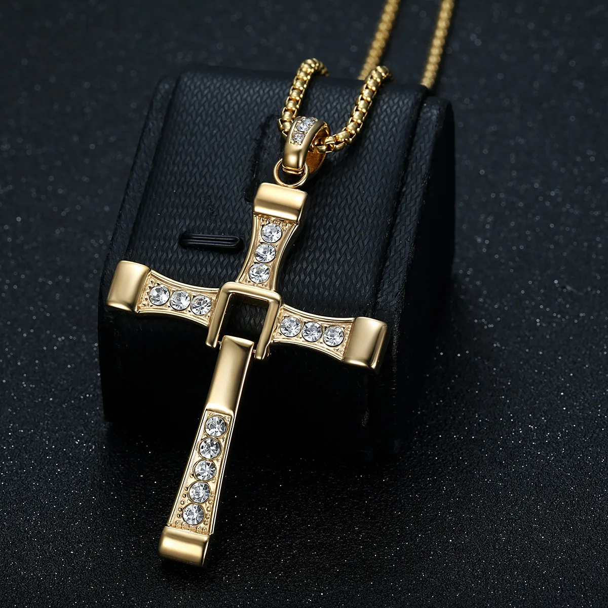 18K Gold Plated Cross Pendant Necklace Zircon Stainless Steel Religious Jewelry for Men Gift Christians ​Fast & Furious​