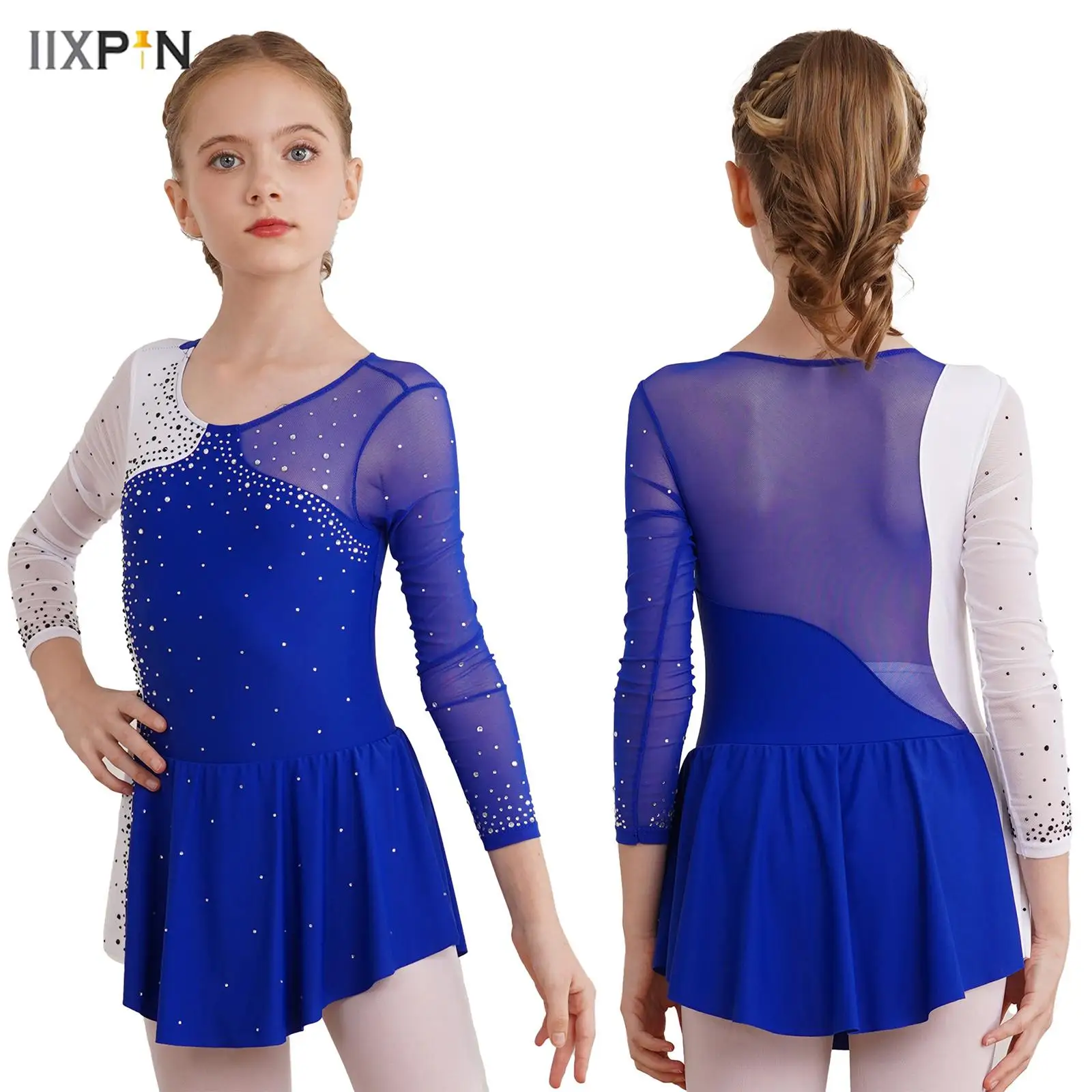 

Kids Girls Ballet Dance Dress Long Sleeve Shiny Rhinestone Leotard Dress Gymnastics Figure Skating Performance Prom Dancewear