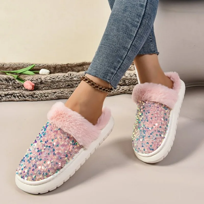 Shining Sequins Home Fur Slippers Women 2026 Winter Warm Plush Flat Cotton Shoes Woman Indoor Bedroom Soft Sole Fluffy Slippers