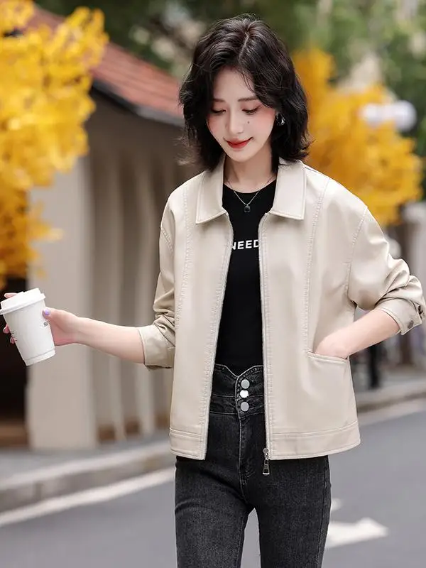 2025年春秋レディース オーバーサイズ ルーズ スリムカラー シープスキンレザージャケット 大きいサイズ アウター 通勤 スタイリッシュ ファッション