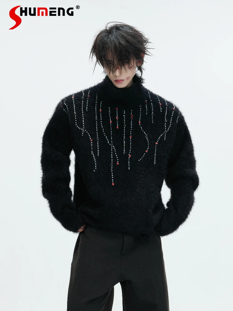 

Men's 2025 Winter New Gemstone Decorated Solid Color Sweaters Thickened Warm Pullover Sweaters Handsome Long Sleeve Knitted Tops