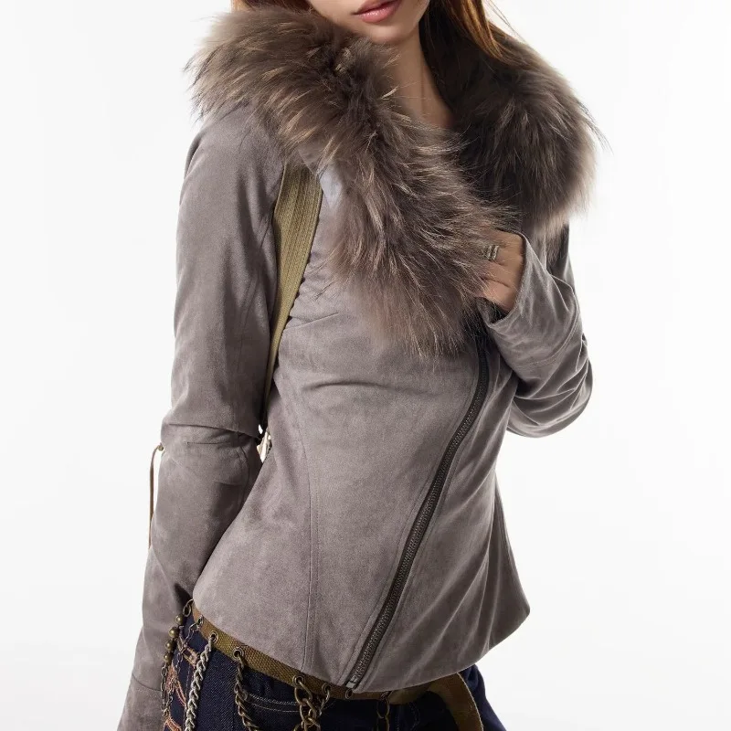 

Suede Jacket Women's 2025 New Autumn Waist Design Sense High-end Fur Collar Deerskin Fleece Cropped Jacket
