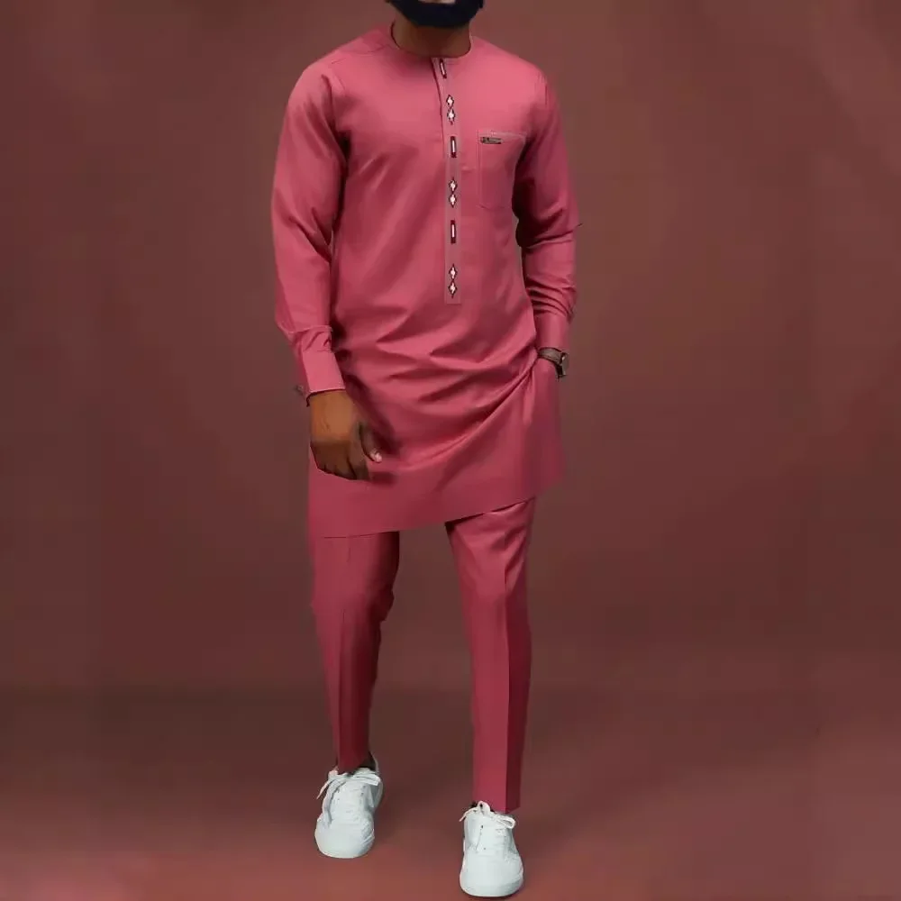 

Men Two Pieces Spliced O Neck Shirts Straight Ankle Length Pants Blouses Long Sleeve Loose Solid Casual Pockets Sets 2025 New