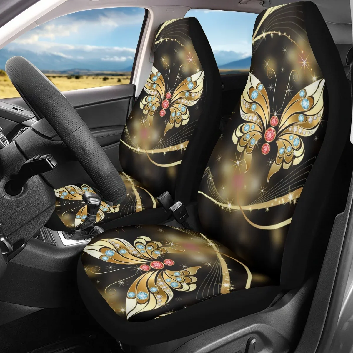 Fundas de asiento de coche con diseño de mariposa de piedras preciosas doradas para hombres y mujeres, decoración Interior de coche, protección de asiento delantero, 2 piezas, ajuste Universal