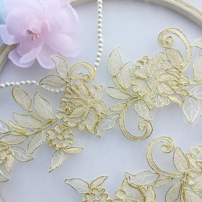 1 Pair Gold Flower Embroidered  Lace Edge Floral Applique Patches Fabric Sewing Craft Vintage Wedding Dress 37.5*11.5cm