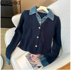 KUSAHIKI Denim Patchwork Fake Dwuczęściowy sweter z dzianiny z długim rękawem dla kobiet Jesienny styl College Wszechstronny krótki top