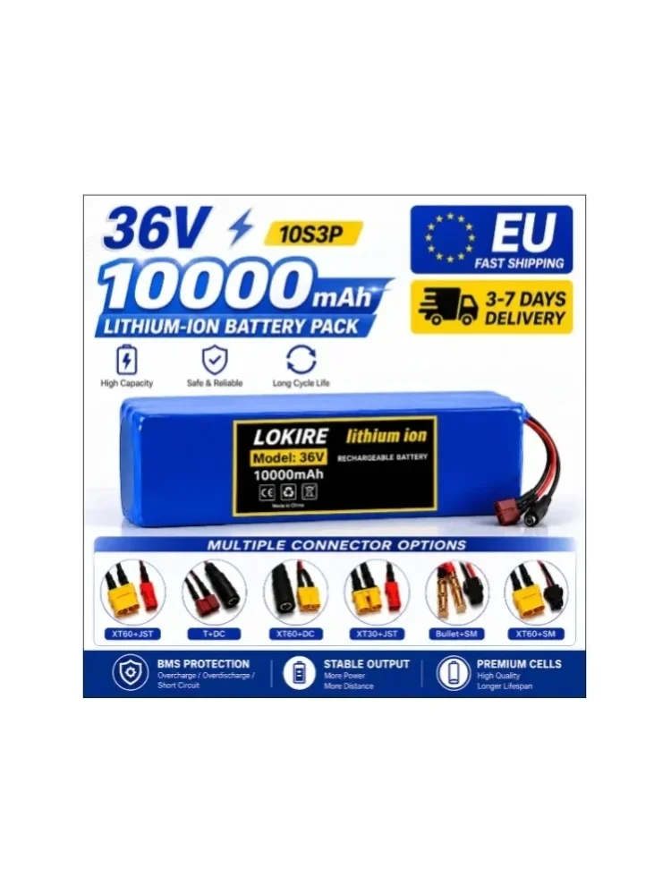 36V 10Ah Lithium-Akku 10S3P 18650 Wiederaufladbarer Li-Ionen-Akku für Elektroroller E-Bike MTB Fahrrad 1000W Motor Ersatzakku mit intelligentem BMS-Schutz Hohe Kapazität Lange Reichweite