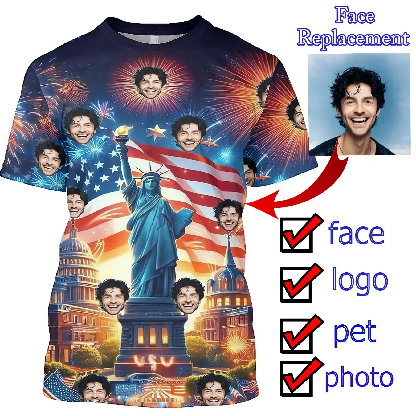 Personalized Men T Shirt Custom Face Pet Logo Photo Print American Independence Day Theme Casual Unisex T-shirts Summer Tops