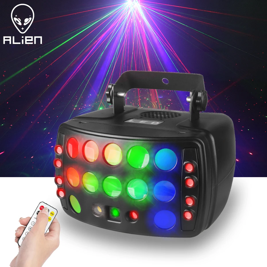 

ALIEN DJ Disco Party Stage Light 4in1 Red Laser Rain Patterns LED Strobe RGBW Derby Beam Effect Holiday Wedding Club Dance Lamp