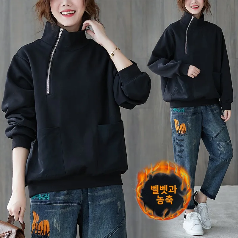 

plus Size Women's Retro Oversized Artistic Hoodie Autumn Winter High Collar Zipper Patchwork Fce Lined Thi Casual Top