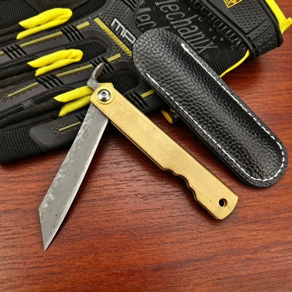 Camping-Essentials: Damaskus Notfall-Klappmesser Higonokami – Leichtes Outdoor-Angelmesser mit Lederscheide – Detail 6