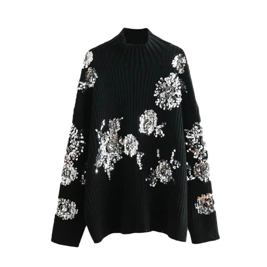 العلامة التجارية الفاخرة مصمم المدرج سترة المرأة الشتاء أنيقة الزهور الترتر مطرز الخفافيش كم فضفاض عالية طوق الدافئة محبوك القمم