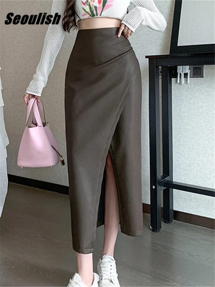 

Seoulish Autumn Winter Front Split PU Leather Women Long Skirts 2023 New High Waist Classic Office Pleated A-Line Skirts Female