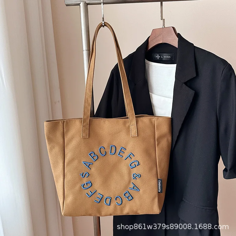 

2025 New Women's Canvas Tote Bag Large Capacity Simple Shoulder Bag College Student Boho Purse with Letters Print Casual Chic