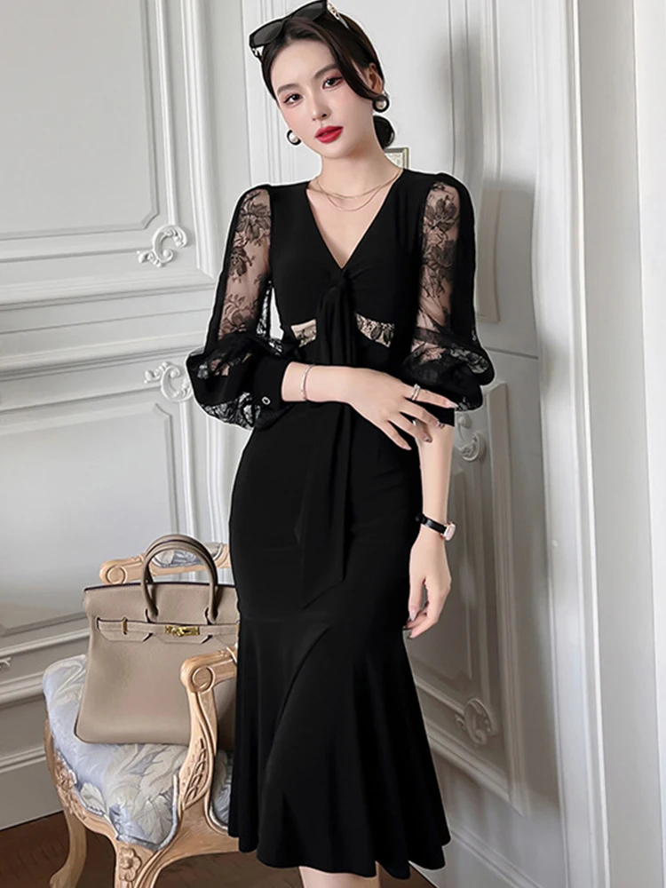 Vestidos de festa vintage elegantes para mulheres chique preto perspectiva renda retalhos fishtail robe bandagem arco manga longa vestido de baile
