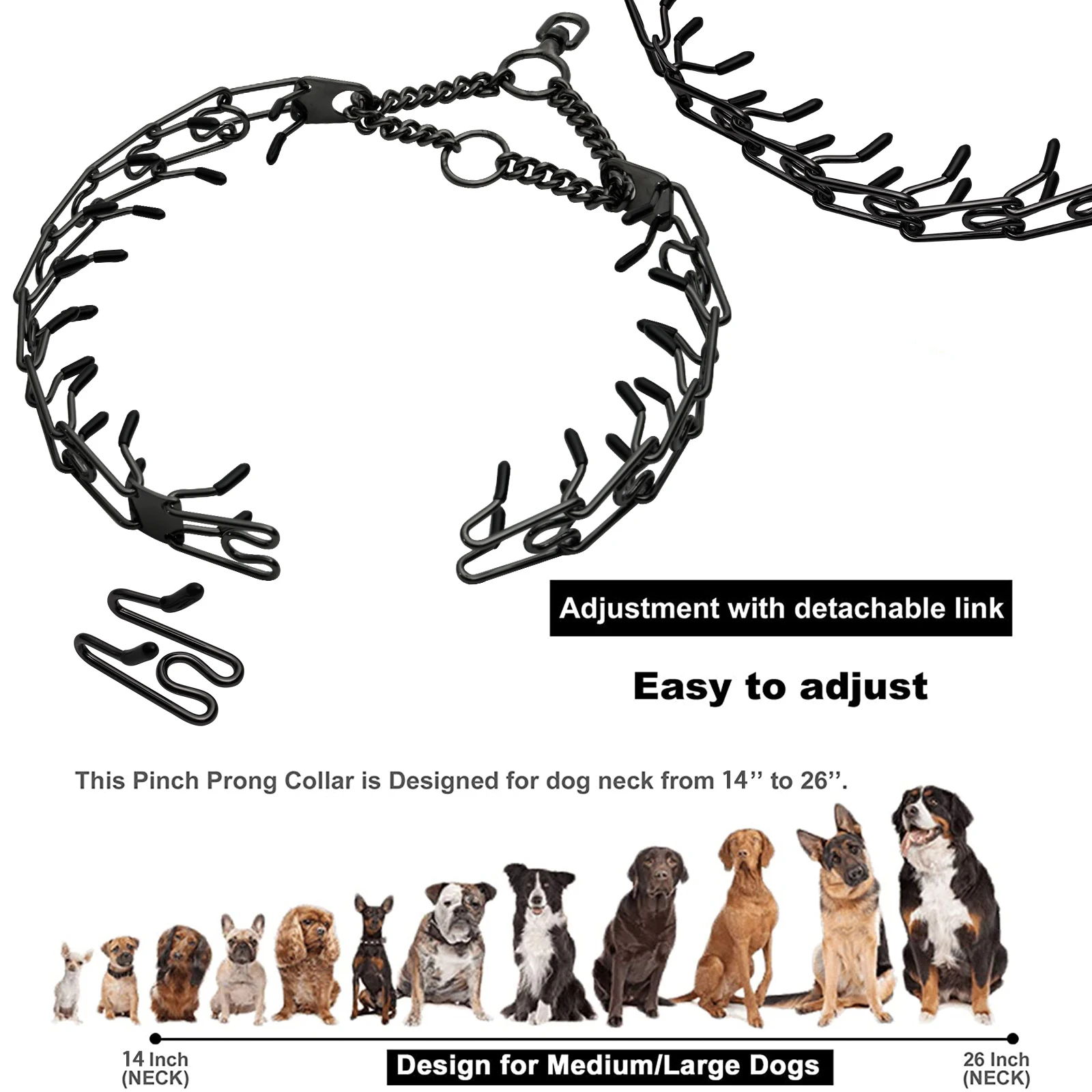 Metal Dog Training Prong Collar Removable Black Pet Link Chain Adjustable Stainless Steel Spike Necklace with Comfort Rubber Tip