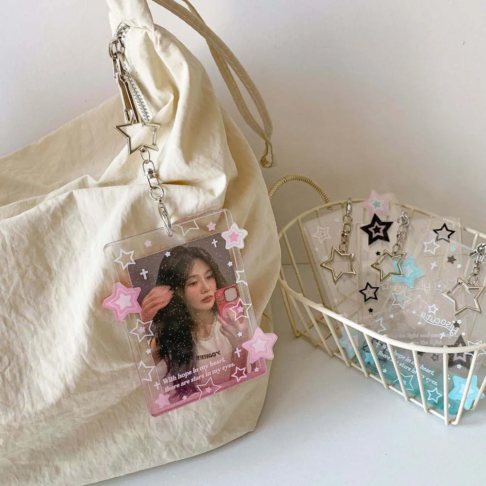 With Keychain Korean Style Card Holder Transparent Star Card Case Student Card Cover Polaroid Photo Pendant ID Card Holders