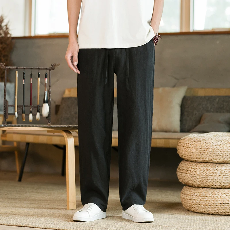 

Summer New Men's Cotton Linen Trousers Black / Navy Blue / Grey Men Pure Colour Daily Casual Elastic Waist Pants