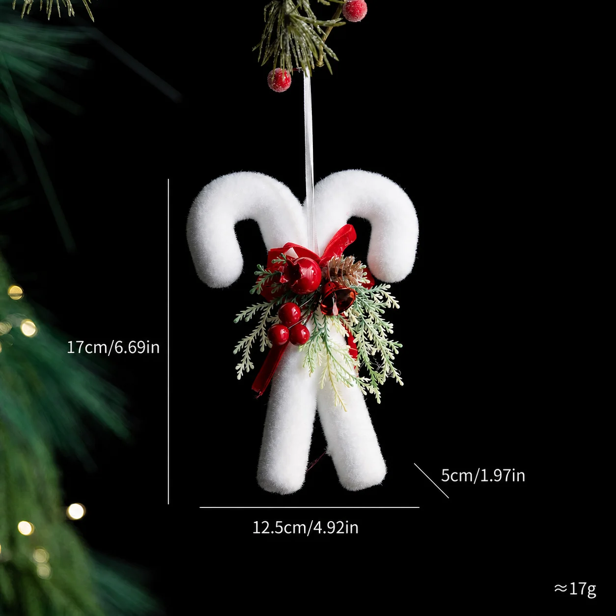 Flocked White Double Candy Cane Christmas Ornament With Red Berry Bow For Xmas Tree Holiday Window Home Hanging Decor