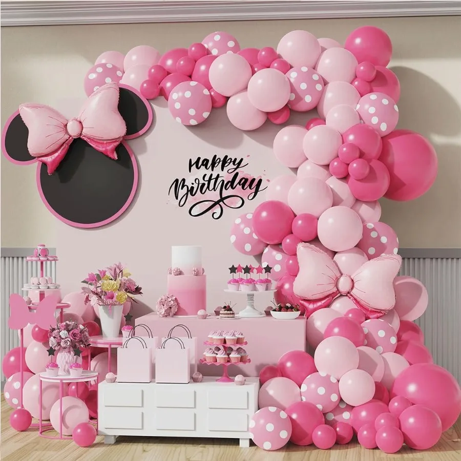 Arco de guirlanda de balão de mouse rosa, 136 peças, bolinhas rosa, balão para tema de mouse, aniversário, menina, decoração de chá de bebê