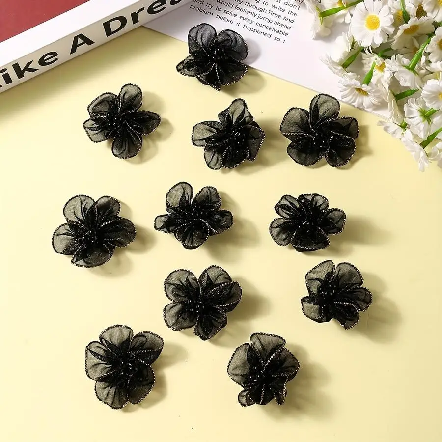 1/5/10/20/50/100pcs of Handmade Five-Petal Pearl Flowers with Three-Bead Golden Edge Snow Gauze Fabric Flowers for Beaded Floral