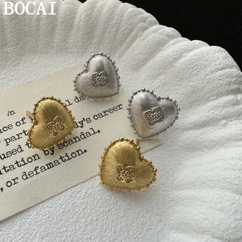 

BOCAI NEW S925 Sterling Silver Fashionable And Luxurious Brushed Heart-shaped Earrings Women's Gift