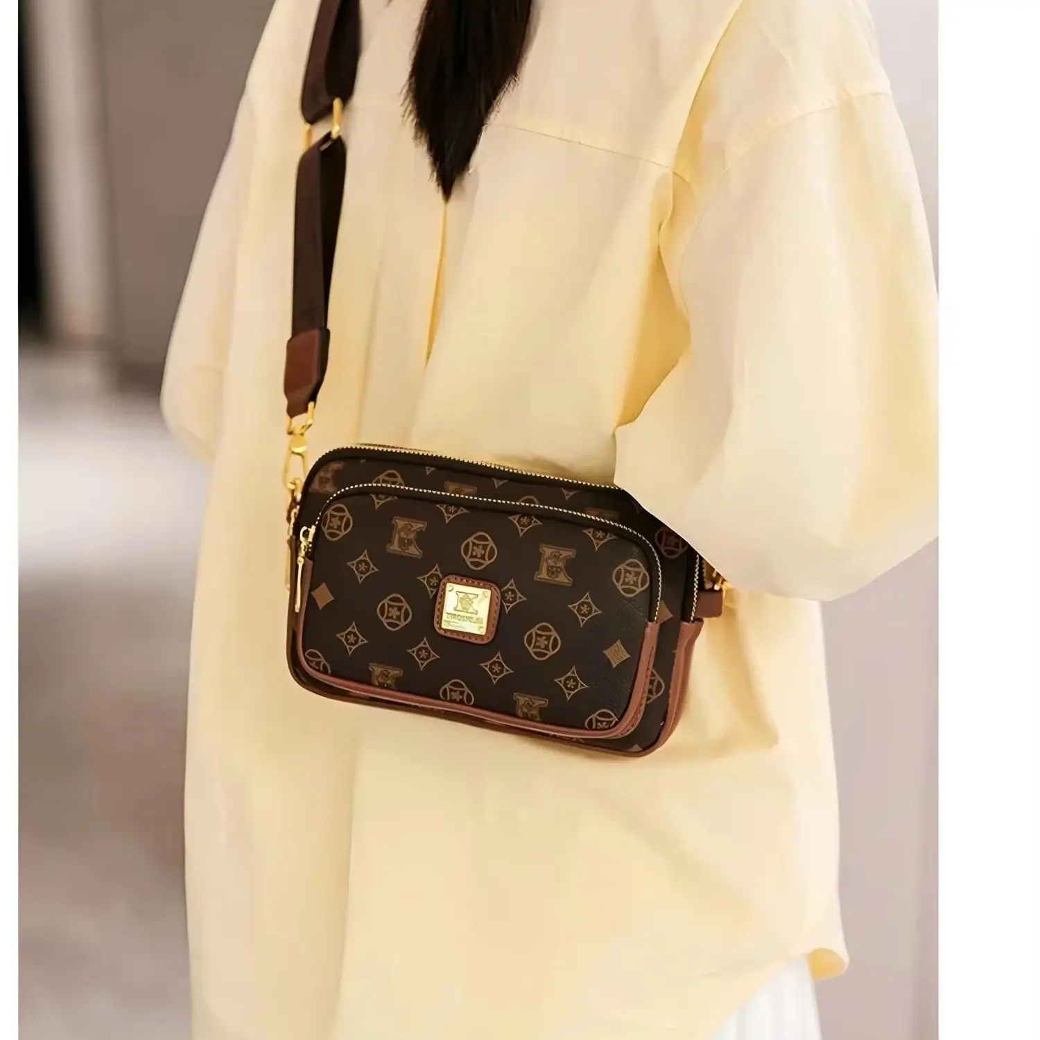 Retro print rectangular small crossbody bag with multiple zippers, lightweight women's shoulder bag.