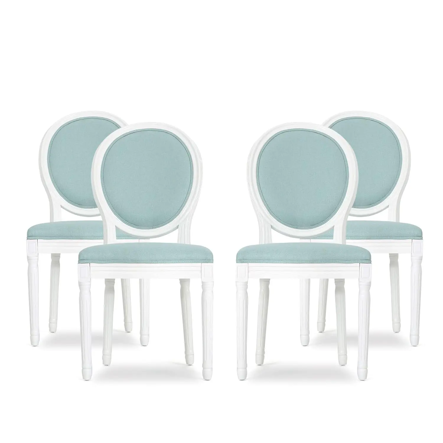 French Country Fabric Dining Chairs Set of 4, Light Blue & White, Wooden Legs, Kitchen & Dining Room, Customized