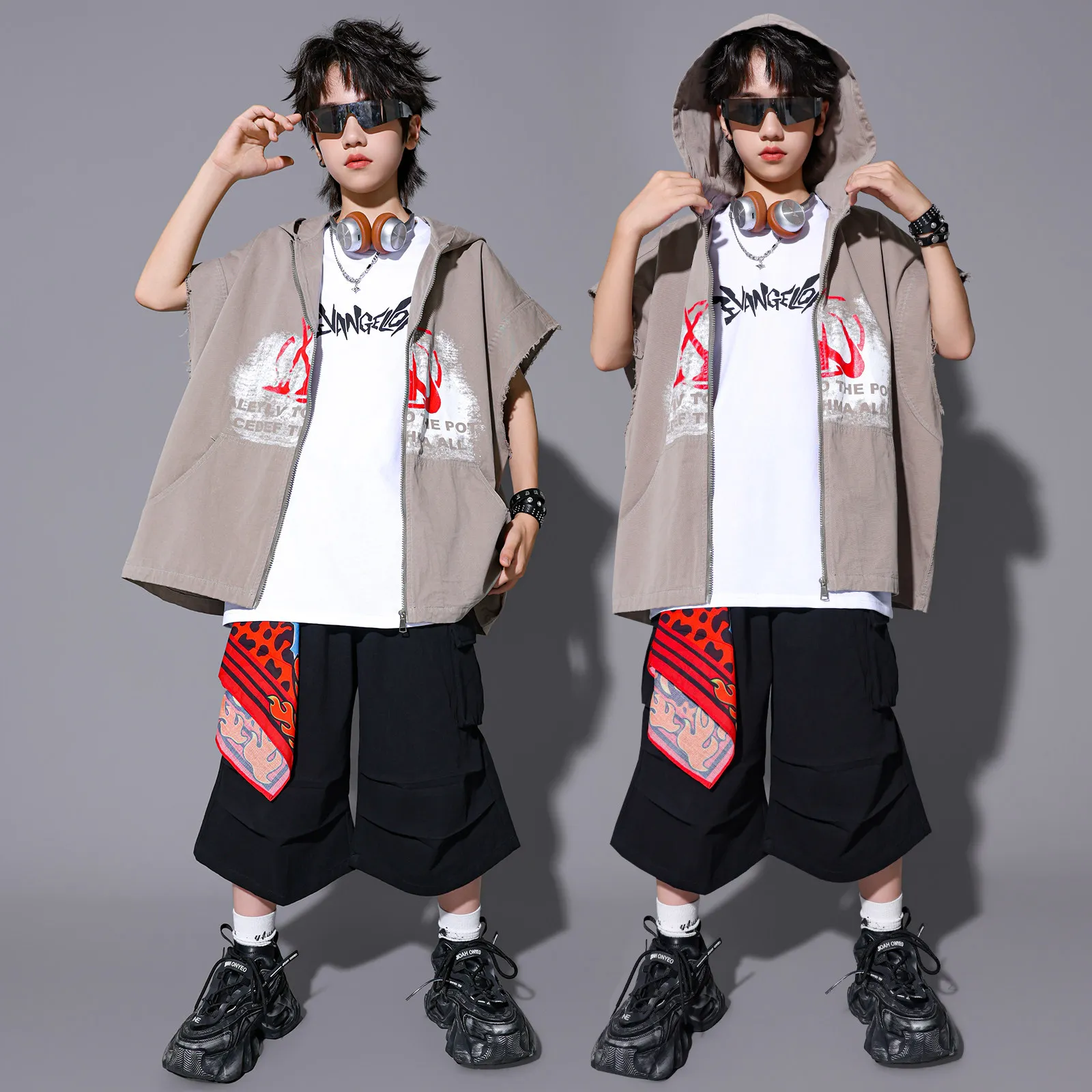 Children Hoodie Shirts Black Shorts Kpop Outfits For Boys Jazz Dance Costumes Girls Ballroom Hip Hop Dance Rave Clothes DQS23695