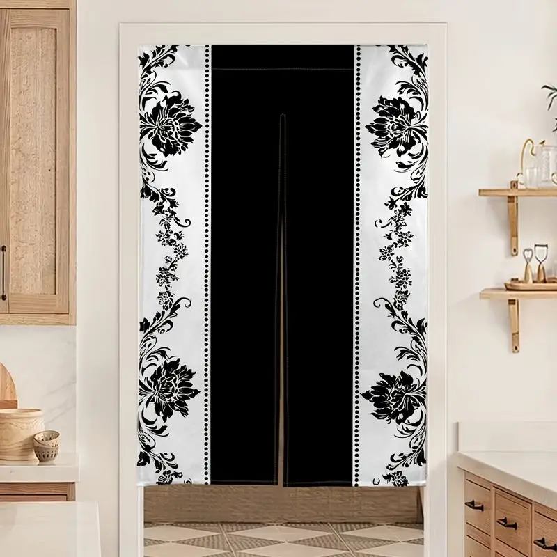 VIKAMA Black White Floral Noren Door Curtain Damask Rose Half Doorway Curtain for Kitchen Bedroom Living Room Home Decor