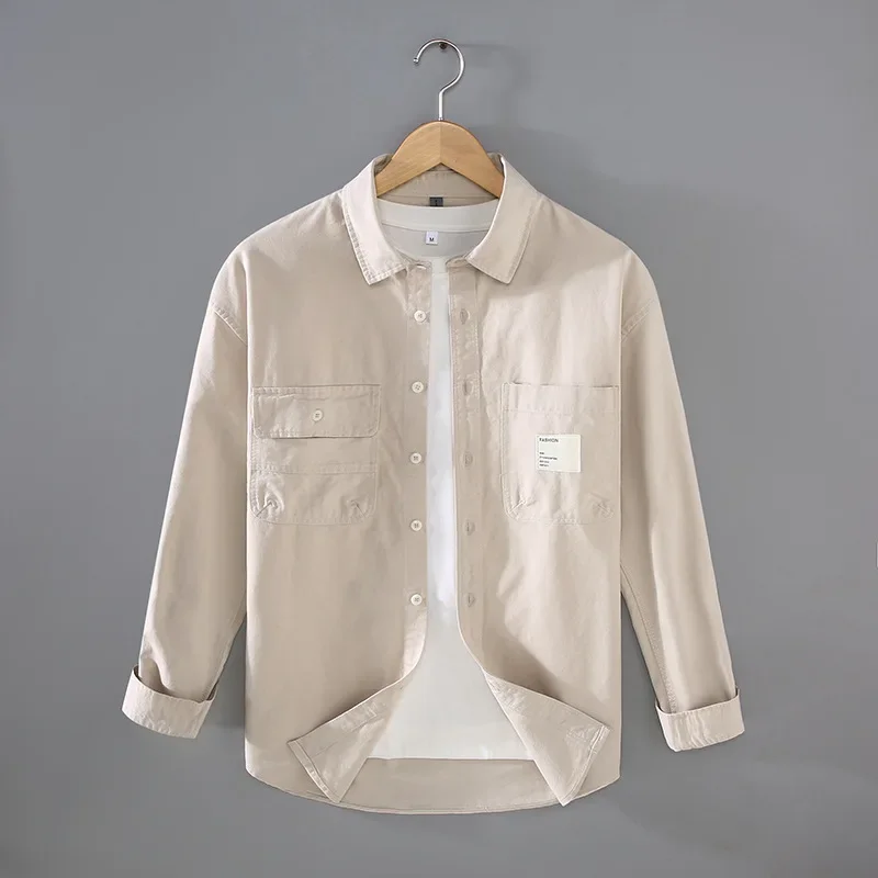 

Японская рубашка-карго в стиле ретро, мужские весенние повседневные рубашки, мужские рубашки из 100% хлопка с длинными рукавами, квадратные двойные карманы, свободный топ, комфорт