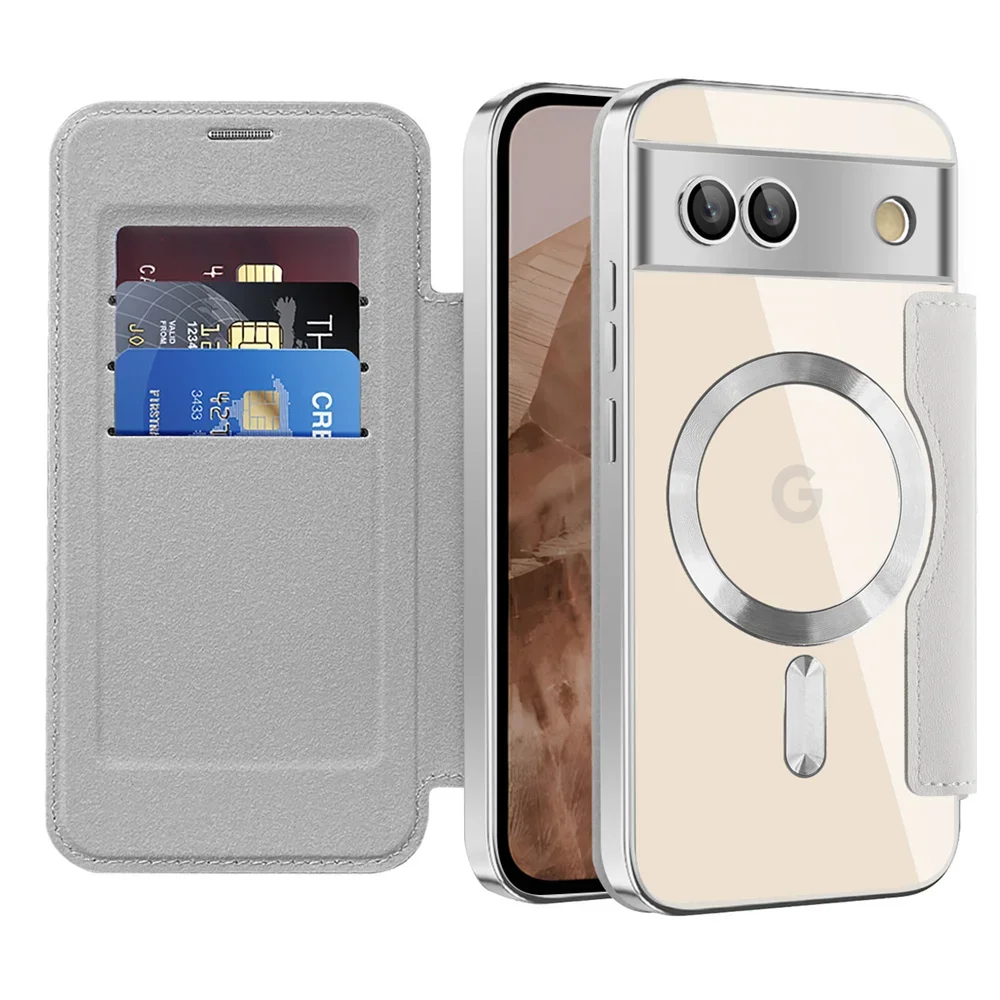 Luxury Leather Wallet Card Clip Magnetic Clear Phone Case for Google Pixel 9 Pro XL 8A 7A Plating Wireless Charging Flip Cover