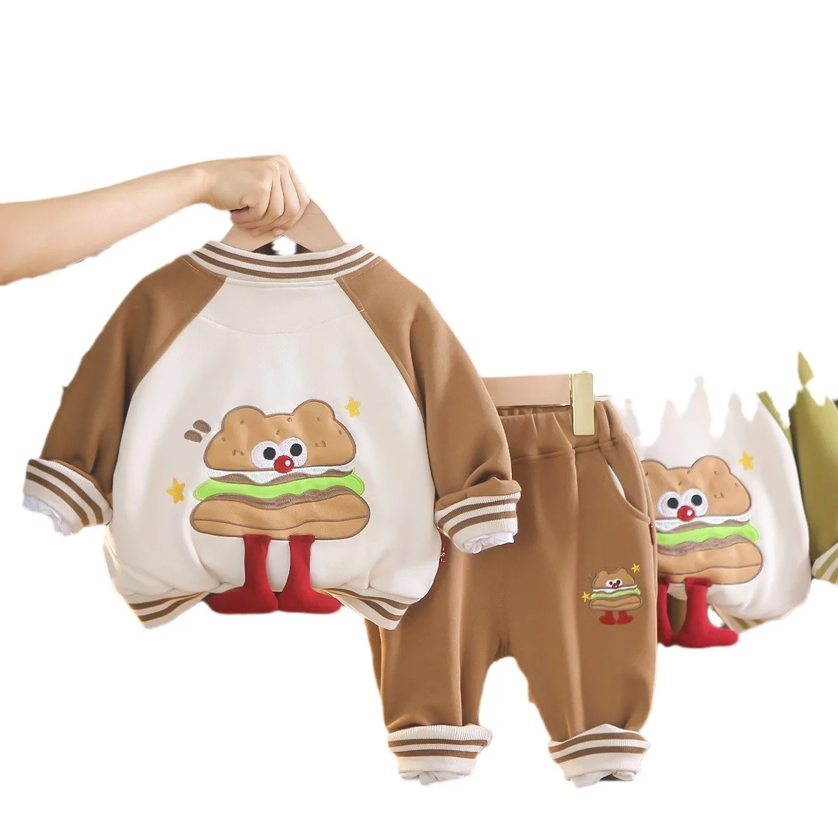 Primavera Autunno Bambini Neonati maschi 3 pezzi Set di vestiti Hamburger Camicie stampate Manica impiombata Cappotto Pantaloni Vestito Bambino Ragazzi Abiti