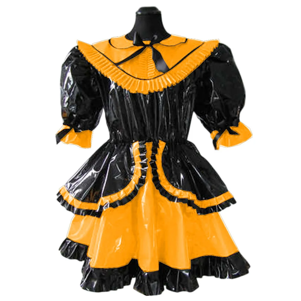 Lolita French Lockable Maid Dress,Glossy Uniform,PVC Leather,Short Puff Sleeve,Patchwork Ruffle, Pleated Swing Maid Dress,Custom