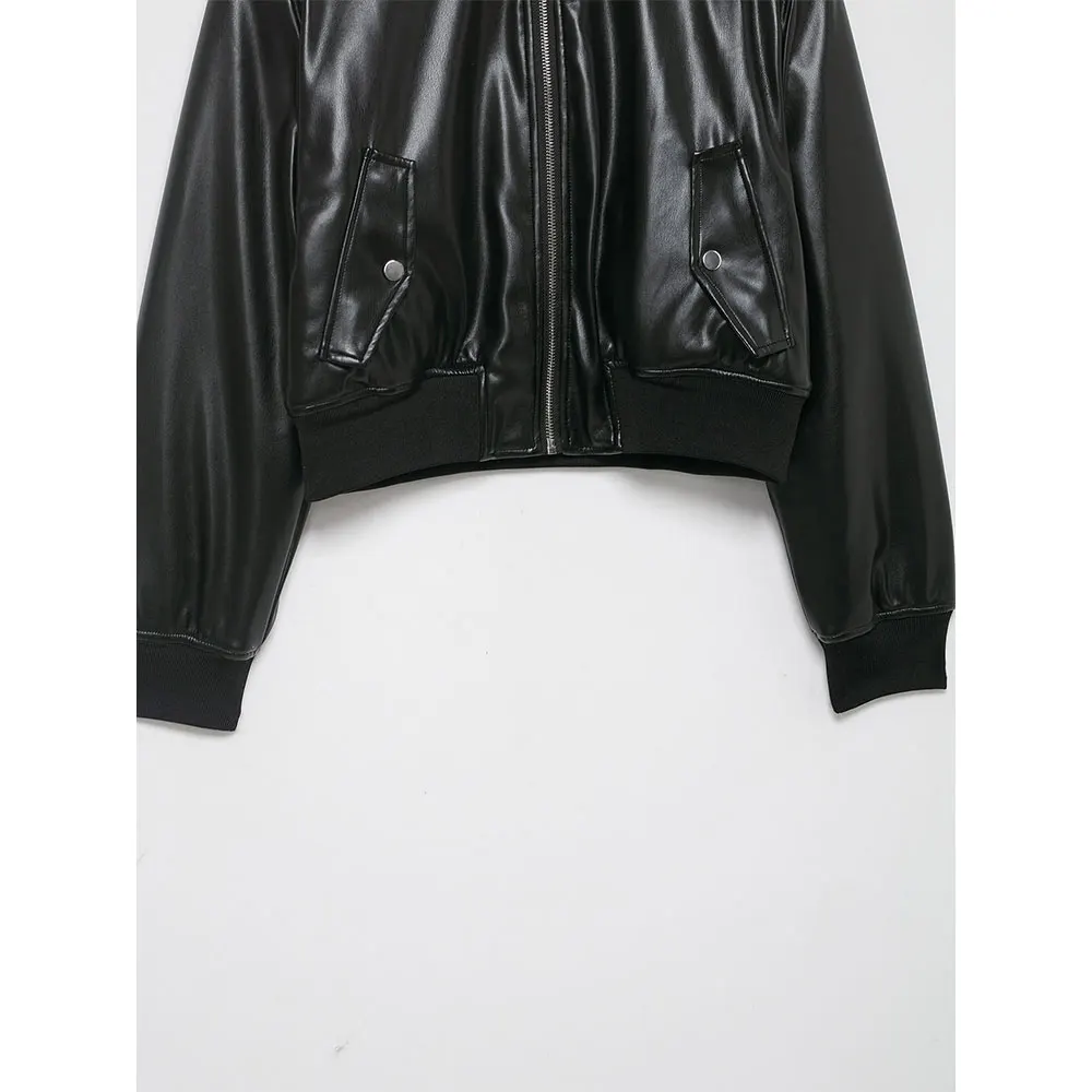 Duoperi moda feminina pu preto zíper frontal bombardeiro jaquetas casual o-pescoço mangas compridas feminino chique senhora outfits