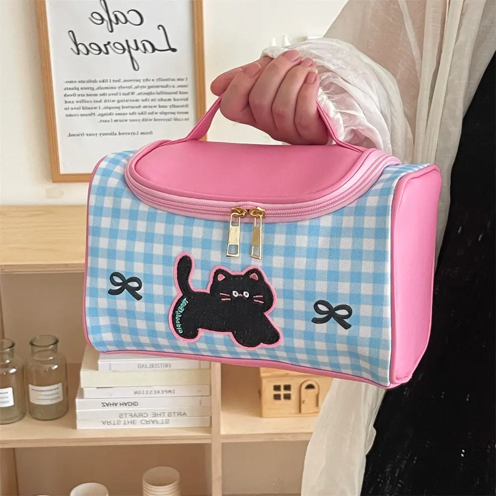 Cute Cartoon Kitten Handheld Makeup Bag for Girls, Portable Large Capacity Makeup Storage Bag