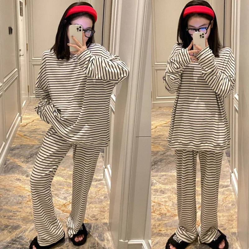 Homewear Long Sleeve Pajamas Set Leisure Girls Sleepwear 2Pcs Nightwear for Women Soild Casual Students Long Loose Waist Pant