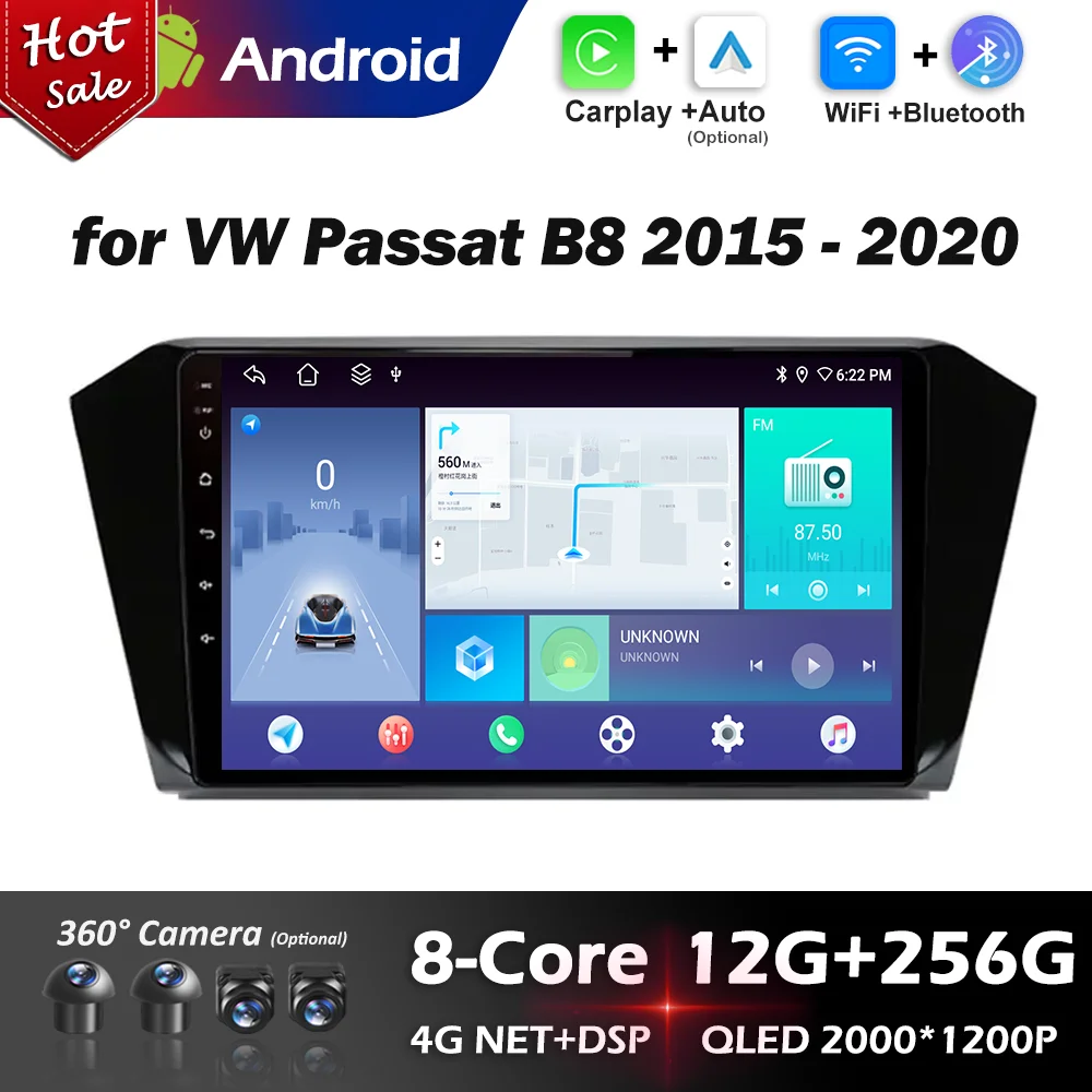 

GPS Navigation Carplay 4G Car Multimedia Radio Video Player 10.1 inch Android 14 for VW Passat B8 2015 - 2020 No 2 din Head Unit