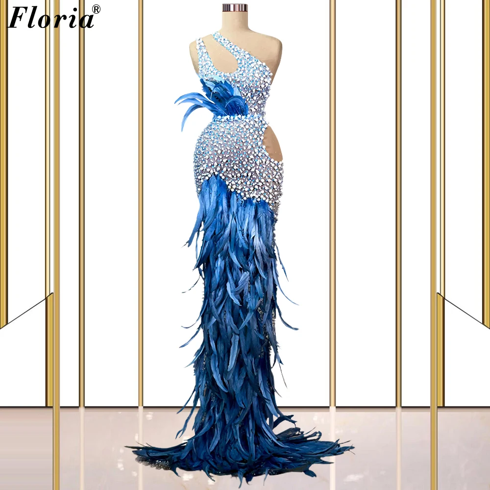 

One Shoulder Feathers Celebrity Dresses Mermaid Pearls Red Carpet Runway Dresses Awards Ceremony Dresses Vestidos De Mujer