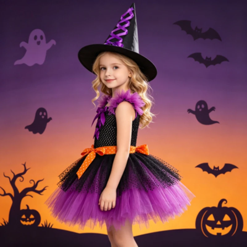 Girls' Witch Tutu Dress, Kids Halloween Costume, Suitable For Halloween, Carnival, Masquerade Party And Performance Dress‑Up