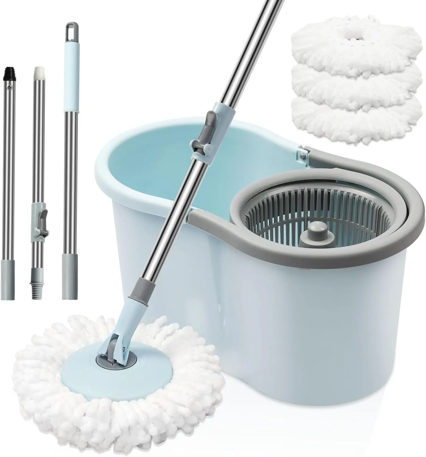 

Spin Mop and Bucket with Wringer Set, 360° Spinning Mop Bucket System with 3 Microfiber Mop Replacement Heads and 50" Stainless